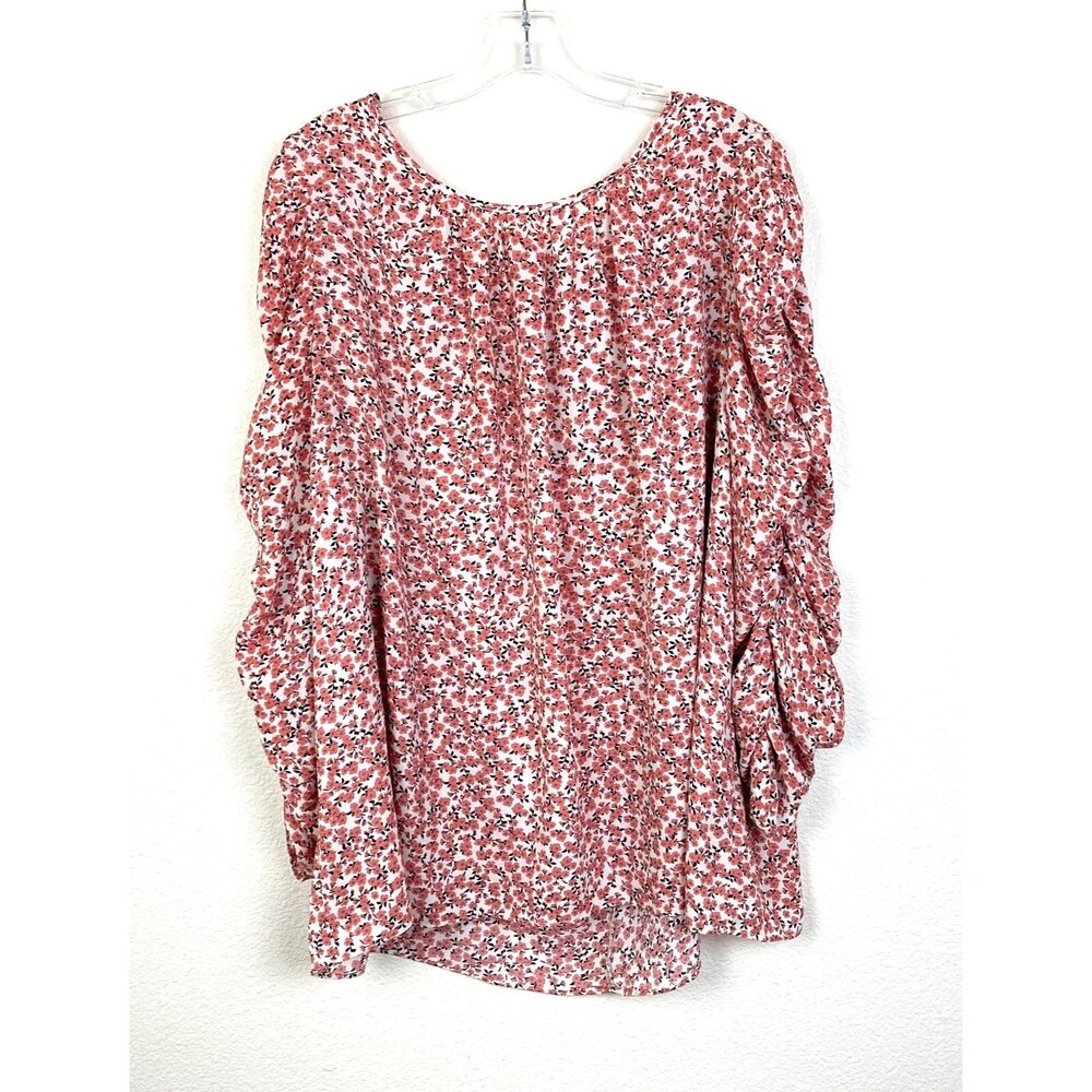 Max Studio Women's Blouse Size 2X Salmon Pink Floral Ruched Sleeve Office